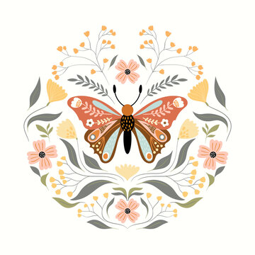 recommend clip art: Floral butterfly with decorative design, round composition with different flowers and plants, pastel colors