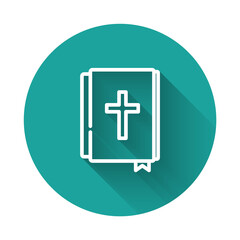 White line Holy bible book icon isolated with long shadow background. Green circle button. Vector.