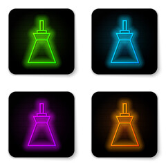 Glowing neon line Lamp hanging icon isolated on white background. Ceiling lamp light bulb. Black square button. Vector.
