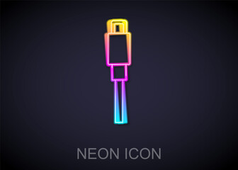Glowing neon line USB cable cord icon isolated on black background. Connectors and sockets for PC and mobile devices. Vector.