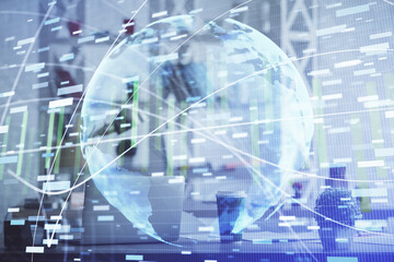 Double exposure of business theme drawing and office interior background. Concept of success