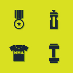 Set Medal, Dumbbell, T-shirt with fight club MMA and Fitness shaker icon. Vector.