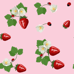 Juicy, red strawberries and ladybug on a pink background.Seamless vector illustration.