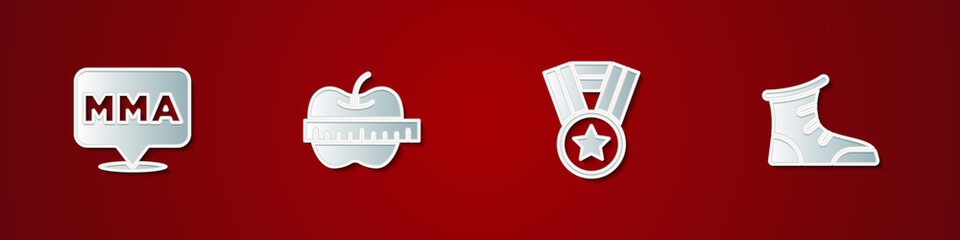 Set Fight club MMA, Apple and measuring tape, Medal and Sport boxing shoes icon. Vector.