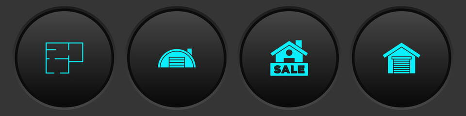 Set House plan, Warehouse, Hanging sign with Sale and Garage icon. Vector.