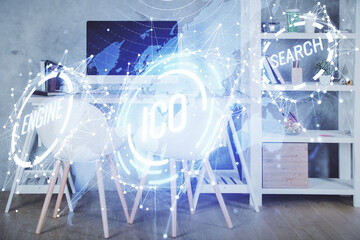 Double exposure of crypto technology theme drawing and office interior background. Concept of blockchain.