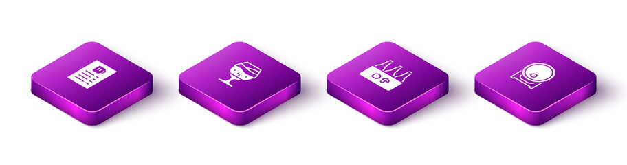 Set Isometric Beer menu, Glass of beer, Pack bottles and Wooden barrel on rack icon. Vector.