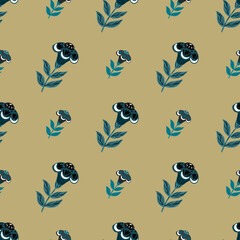 Nature botanic seamless pattern with navy blue flower folk silhouettes ornament. Beige background.