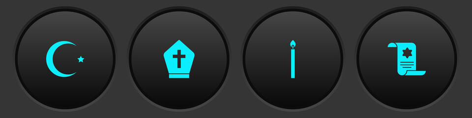 Set Star and crescent, Pope hat, Burning candle and Torah scroll icon. Vector.
