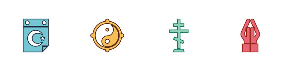 Set Star and crescent, Yin Yang, Christian cross and Hands praying position icon. Vector.