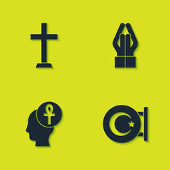 Fototapeta premium Set Christian cross, Star and crescent, Cross ankh and Hands in praying position icon. Vector.