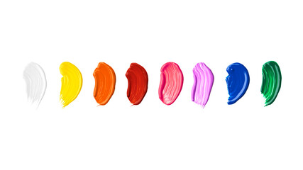 A set of multi-colored acrylic paint brush strokes isolated on a white background. Watercolour or...