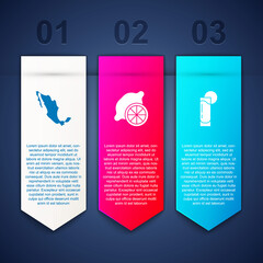 Set Map of mexican, Lemon and Tequila glass with lemon. Business infographic template. Vector.