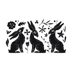 Vector illustration of a rabbit with floral elements, linocut style. © ekaterinarb