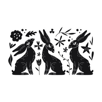 Vector illustration of a rabbit with floral elements, linocut style.
