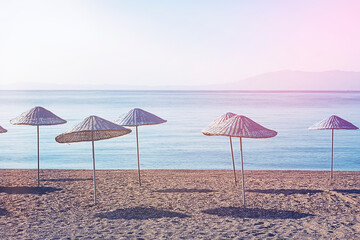 Bodrum Bitez Beach With Straw Umbrella - Aegean Sea. Retro Ä°mage
