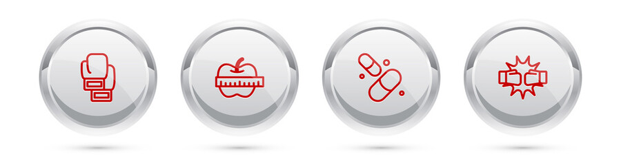 Set line Boxing glove, Apple and measuring tape, Vitamin pill and Punch boxing gloves. Silver circle button. Vector.