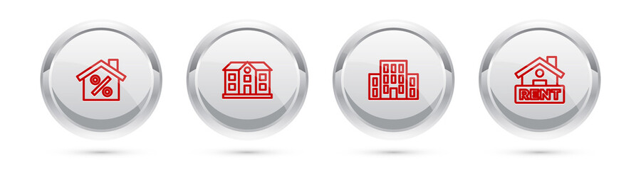 Set line House with percant discount, , and Hanging sign Rent. Silver circle button. Vector.