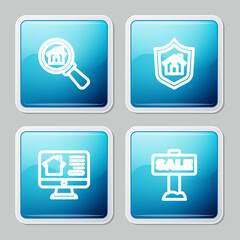 Set line Search house, House with shield, Online real estate and Hanging sign Sale icon. Vector.