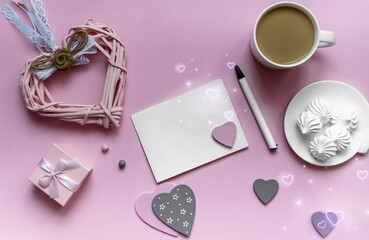 Valentine's day greeting card. Pink light pastel background. Cup of coffee and marshmallows, heart shaped decoration. Flat lay, top view, place for text