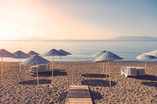 Bodrum Bitez Beach With Straw Umbrella - Aegean Sea. Retro İmage