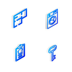 Set Isometric line Washer, House plan, contract and key icon. Vector.