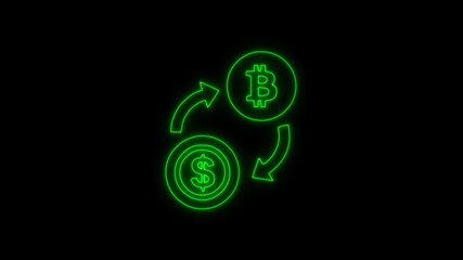 Bitcoin neon green color, Cryptocurrency. Bitcoin symbol on black background. Royalty high-quality free stock photo image of bitcoin Cryptocurrency, digital Bit Coin. BTC Currency Technology Business