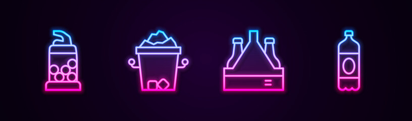 Obraz premium Set line Bottle opener, Ice bucket, Pack of beer bottles and Plastic. Glowing neon icon. Vector.