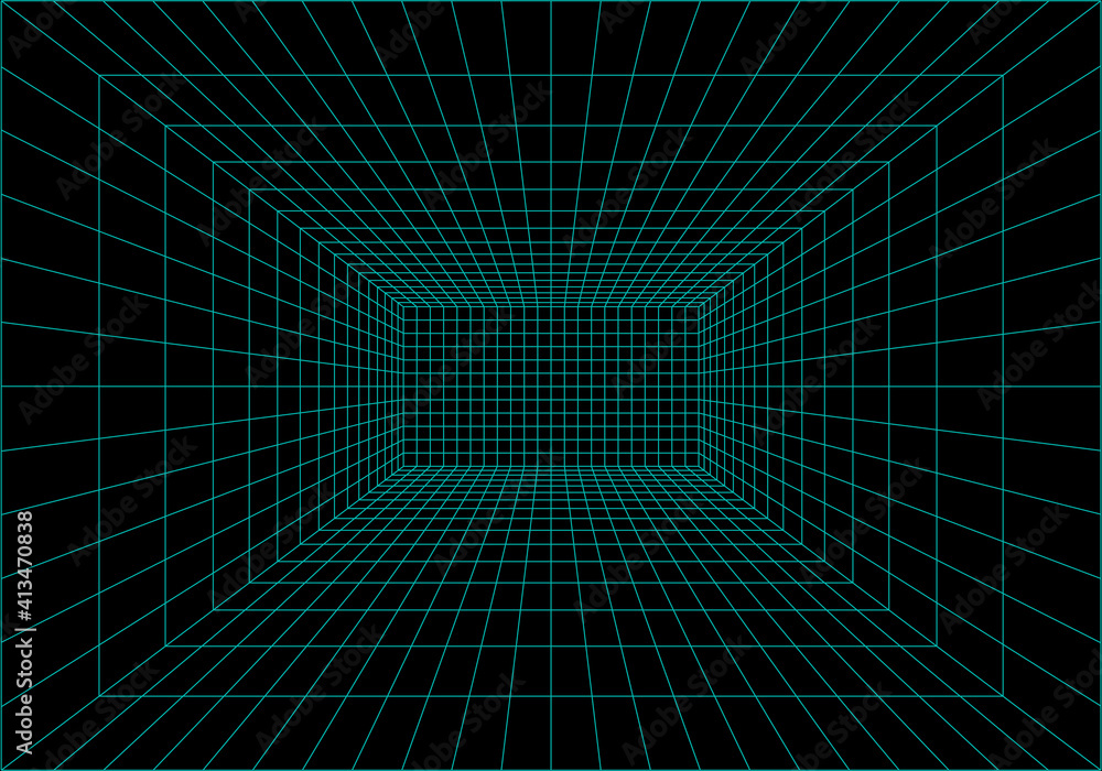 Aufkleber inside of virtual reality. interior perspective grid. wireframe of digital data. vector
