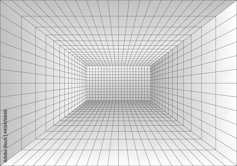 Poster perspective grid room. wireframe abstract cube. data digital visualization. vector illustration
