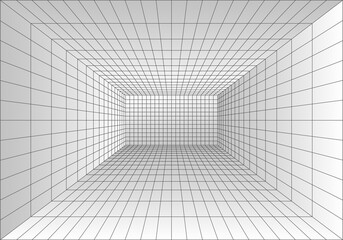 Perspective grid room. Wireframe abstract cube. Data digital visualization. Vector illustration