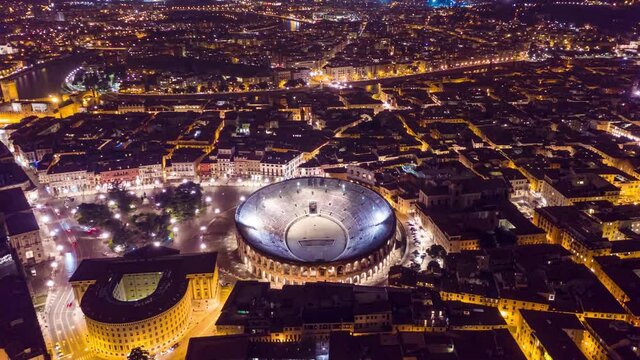 arena di Verona from above at night hyperlapse you can see the lights of the city