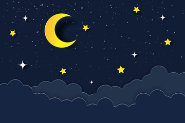 Naklejka premium night sky with stars and moon. paper art style.Vector of a crescent moon with stars on a cloudy night sky. Moon and stars background.Vector EPS 10.