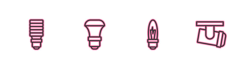 Set line LED light bulb, Light, and Led track lights and lamps icon. Vector.