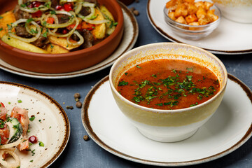 Georgian soup kharcho with beef, rice, herbs and spices. Georgian restaurant concept. View from above.
