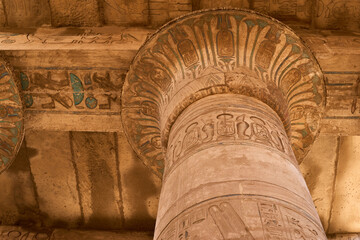 Lotus Shape Column and the ceiling with colourful hieroglyphs - Ramesseum Temple of Ramesses II