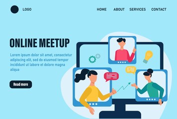 Online meetup landing page vector template. Concept of an online meeting, communication. People discuss work issues and ideas online. Team work online.  Flat cartoon vector illustration