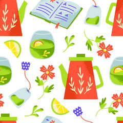 Seamless vector pattern with books. tea and flowers. Spring background