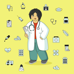 Woman doctor in uniform. Medicine, profession and health care. Medical icons set. Collection of medicine symbols. Medical instrument and health signs. 
