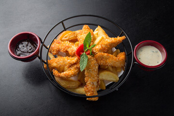 Fried chicken in a metal basket on black background