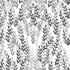 Floral seamless pattern with branches on white background. Ornament with tropic leaves, sprigs. Vector illustration for fabric, textile, wallpaper, posters, paper. Fashion print. Doodle style.