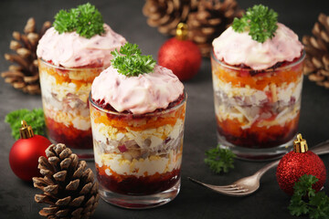 Dressed herring or herring under fur - traditional Russian salad