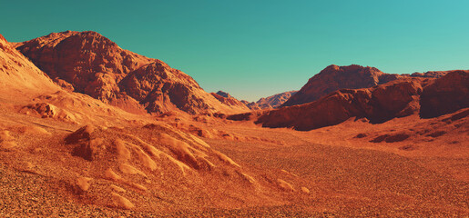 Mars planet landscape, 3d render of imaginary mars mountain terrain, science fiction illustration. © Cobalt