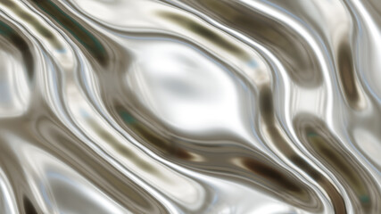 Silver chrome metal texture with waves, liquid silver metallic silk wavy design, 3D render illustration.