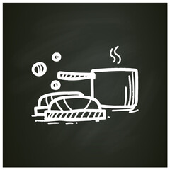 Soap making chalk icon. Make soap using pans with stages, equipment and ingredients. Handmade hobby concept. Isolated vector illustration on chalkboard