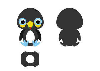 DIY cute toucan chocolate egg holder template. Retail paper box for the easter egg. Printable color scheme. Laser cutting vector template. Isolated packaging design illustration.