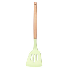 Green silicone kitchen spatula with slots with wooden handle isolated on white background