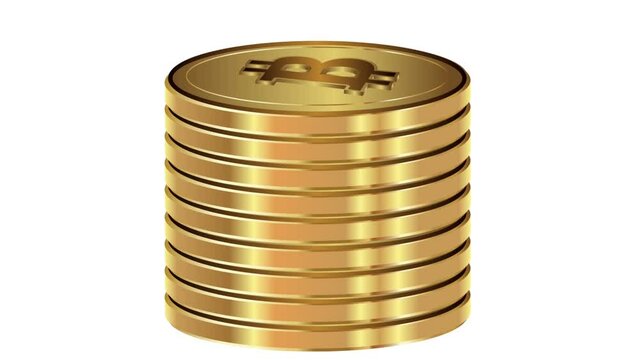 Stack of gold bitcoin coins on white and on empty backgrounds.