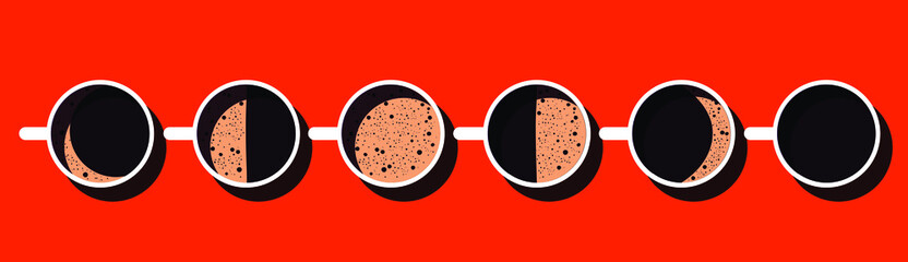 Moon phases in the form of coffee cups on a bright background. Vector illustration in minimalistic style. Concept for banner, poster, card, design.
