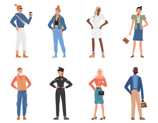 People standing vector illustration set. Cartoon happy elderly and young man woman character standing, hipster student villager doctor policeman businessman and businesswoman smiling isolated on white